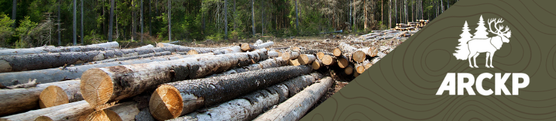 felled logs and the arckp logo